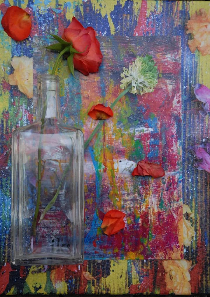Kevin Stewart mixed-media artwork with flowers and a glass bottle