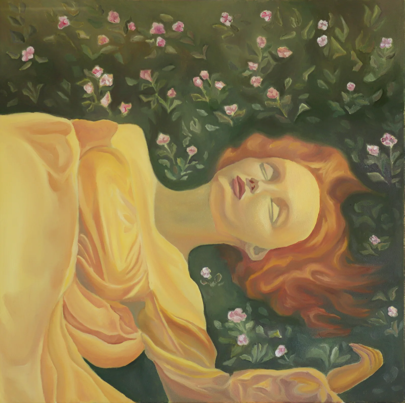Taisiia Khokhlova oil painting of a red-haired figure resting among pink flowers
